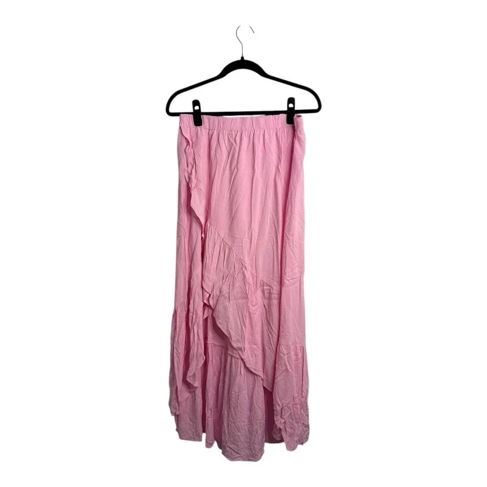 NWT Halara Light Pink Ruffle Split Front Maxi Skirt Elastic Waist Size Large - Picture 3 of 8